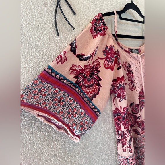 Angie Long Blouse Pink Lace Front Tie Crocheted Tassels Boho Western Small - Picture 4 of 7